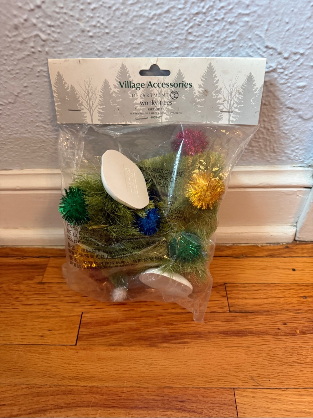 Department 56 Green Wonky Trees with Multicolor Accents- set of 2